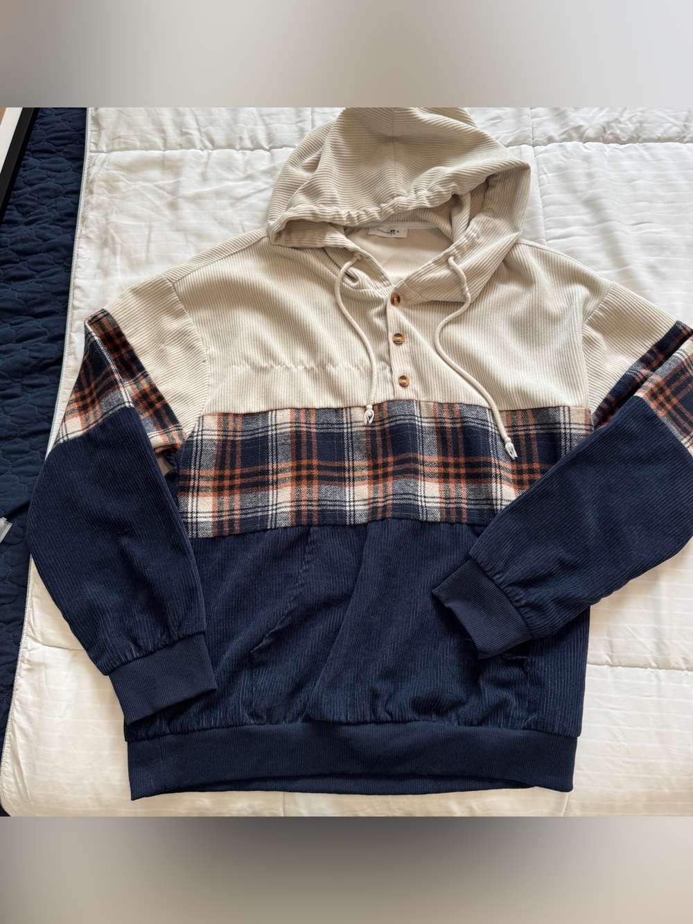 Corduroy Colorblock Plaid  Sweater - Cream & Navy